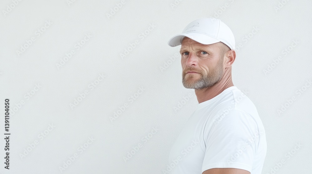Man in a white cap and t-shirt Man in a white cap and t-shirt