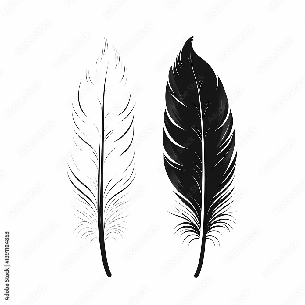 Obraz premium Black and White Feather Illustration Design. Nature-Inspired Art with Delicate Elegance and Soft Textures