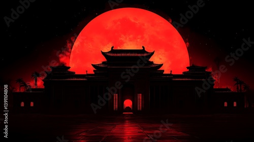 Silhouette of Asian temple at night with a huge red moon.