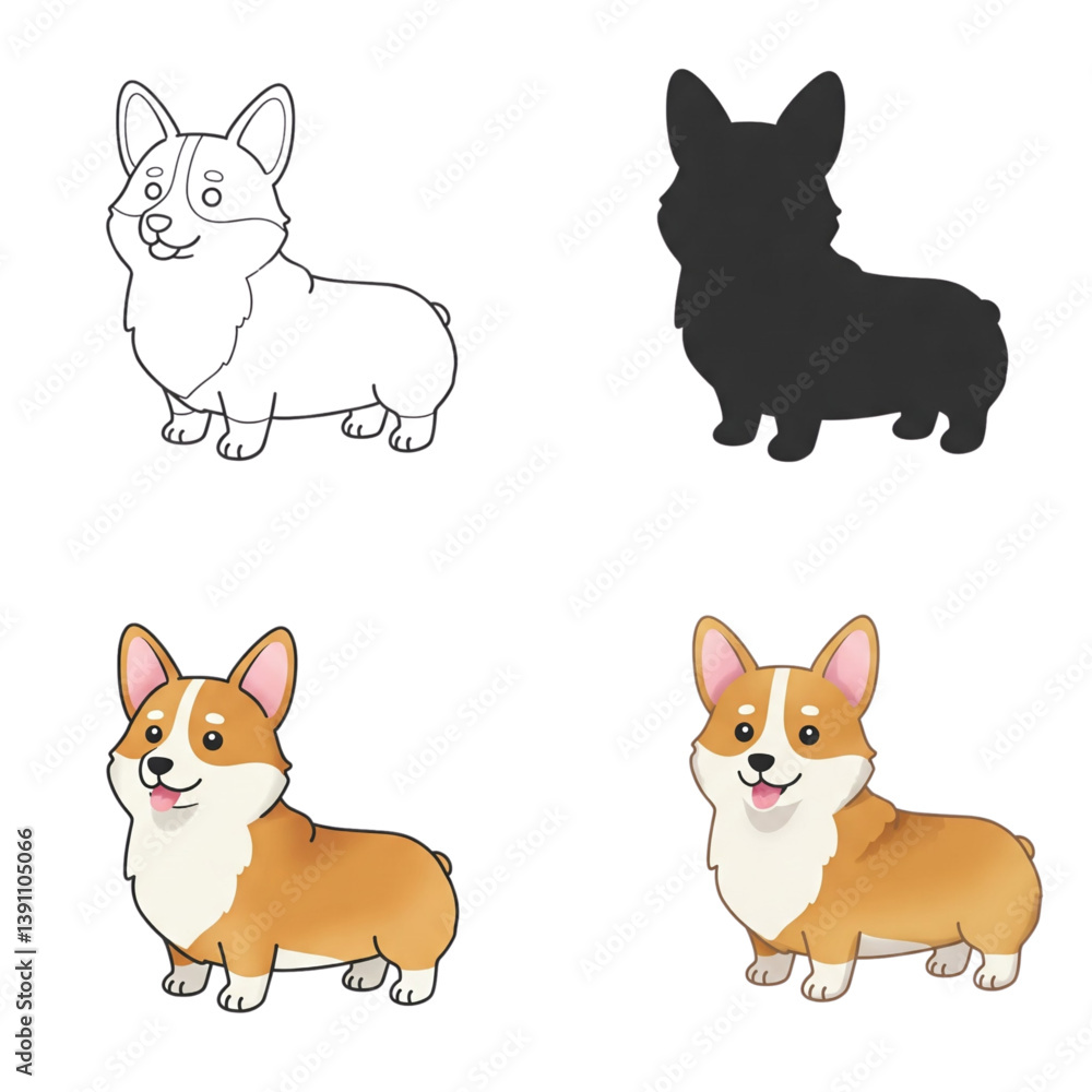 Corgi Icon Set Dog Outline with Silhouette, and Color. Corgi Icon Set Dog Outline with Silhouette, and Color.