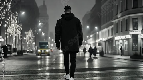 Man walking alone at night on a quiet city street adorned with lights during the winter season