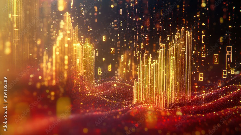 Fototapeta premium Abstract digital landscape with glowing data elements and flowing patterns.