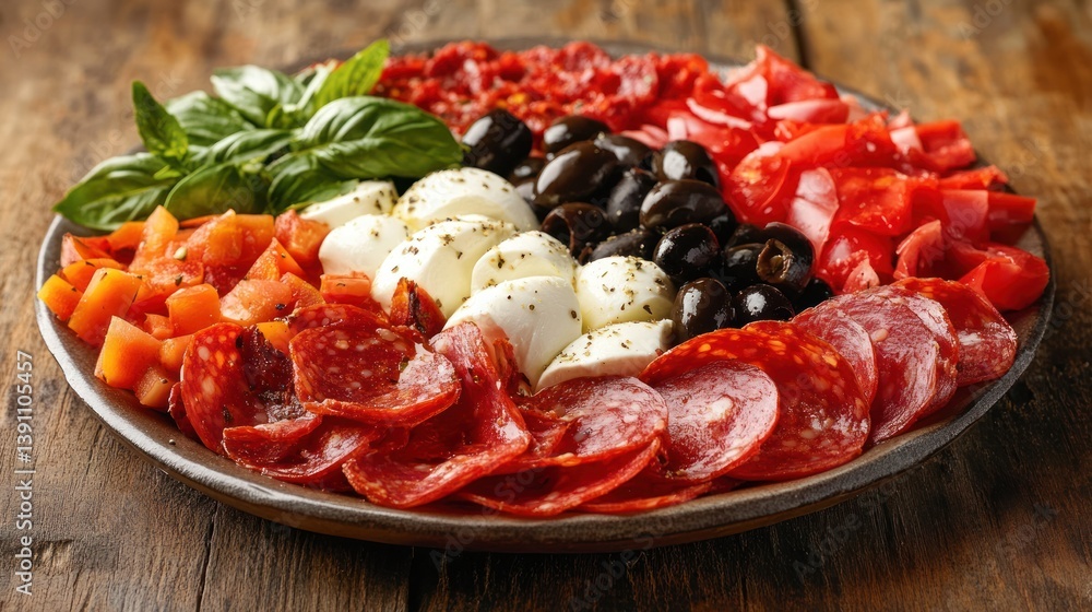 A vibrant platter of assorted meats, cheeses, vegetables, and olives for sharing. A vibrant platter of assorted meats, cheeses, vegetables, and olives for sharing.