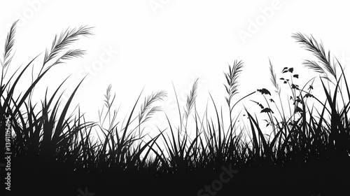Silhouette of Grass and Wildflowers: Black and White Nature Background for Design and Wallpaper