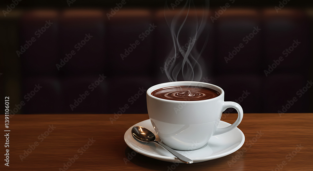 Fototapeta premium Steaming Hot Chocolate in White Mug on Wooden Table