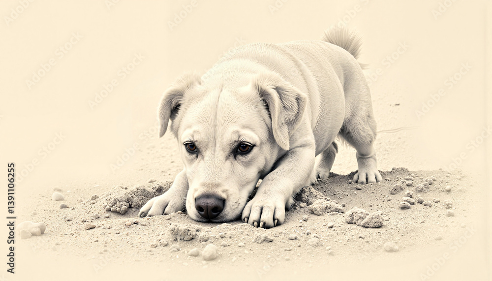 White dog digging in sandy ground
White dog digging in sandy ground