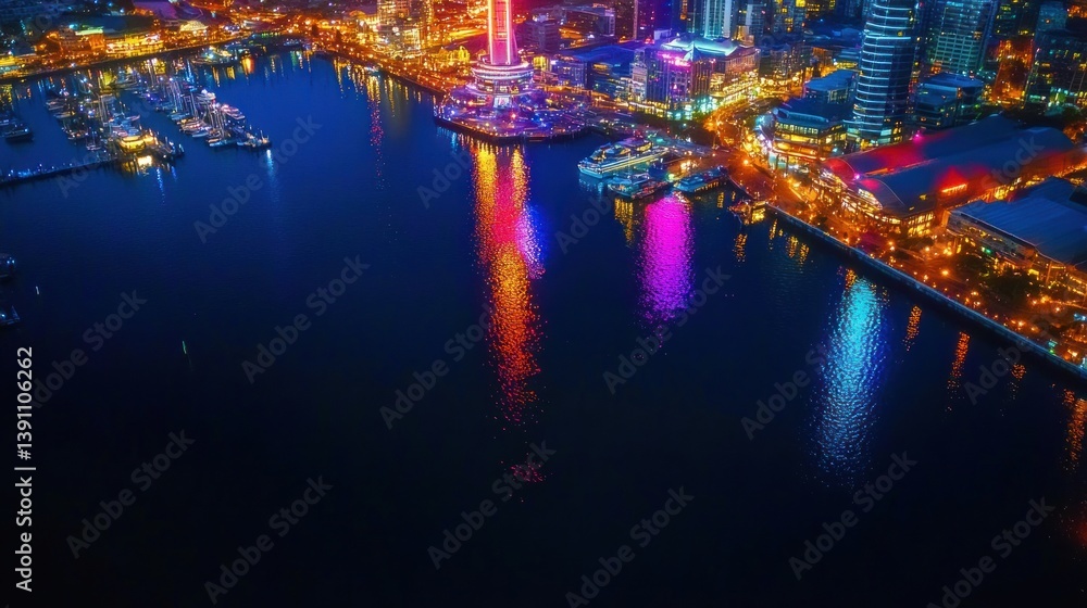 Fototapeta premium A vibrant city skyline reflecting on water at night, showcasing colorful lights and boats.