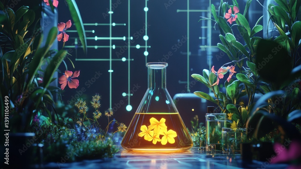 A laboratory scene with a glowing flask and vibrant plants, suggesting scientific exploration. A laboratory scene with a glowing flask and vibrant plants, suggesting scientific exploration.