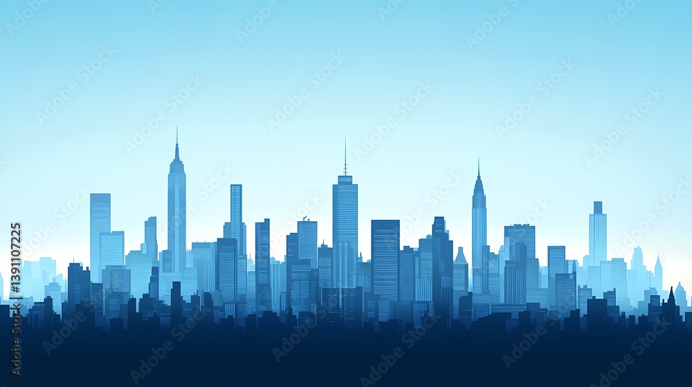 Naklejka premium City Skyline in Blue Tones: Tranquil Day Scene of Silhouette Skyscrapers and Modern Architecture