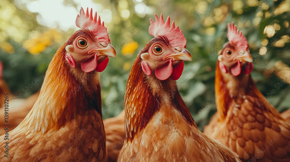 Naklejka premium Free-range brown hens posing together on farm for laying hens farming concept