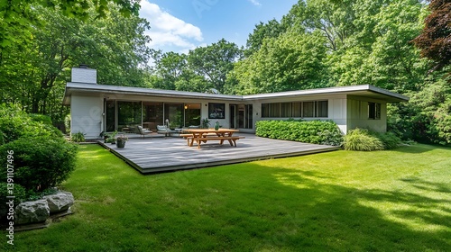 緑豊かな庭とモダンな平屋の家