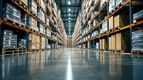 Warehouse interior showcasing organized storage of neatly stacked boxes during daytime