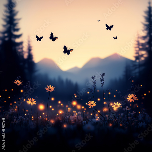 A dreamy sunset scene of an enchanted meadow, glowing fireflies floating through silhouetted trees, with butterflies and soft flowers nestled in tall grass. Created with Generative AI technology.