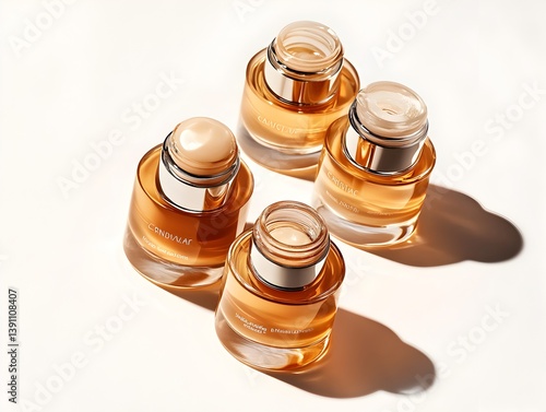 Four amber glass bottles of luxury skincare serum sit on a white background showcasing elegant packaging and product texture.