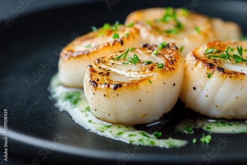 Exquisite dish: coquille Saint-Jacques featured in professional food advertising, emphasizing gourmet seafood, and fine dining artistry, representing a luxurious and tasteful culinary experience.