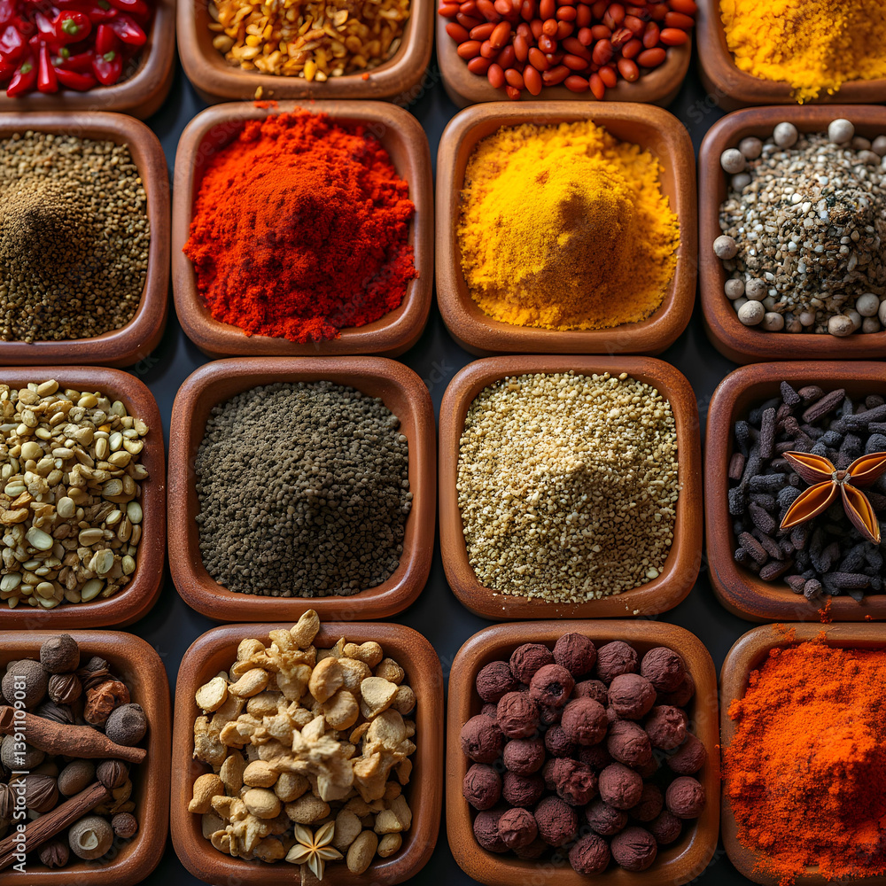 Exquisite Collection of Spices in Wooden Trays for Culinary Delights Exquisite Collection of Spices in Wooden Trays for Culinary Delights