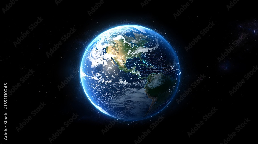 Fototapeta premium 漆黒の宇宙に浮かぶ青い地球、大陸と夜景の輝き