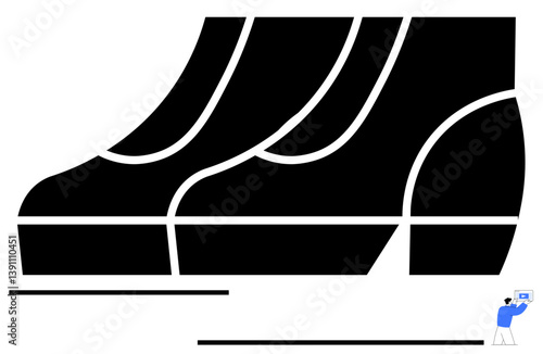 Giant black footprint pattern overshadows a small person examining data on a digital device. Ideal for concepts of impact, observation, research, analysis, scale, environment, responsibility. Flat