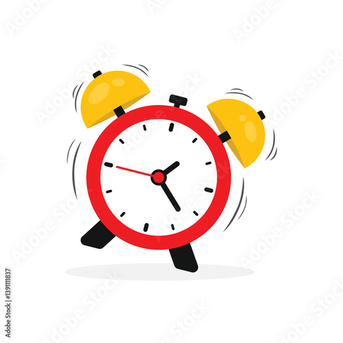 Ringing alarm clock. Wake up timer clock. Morning timer clock cartoon design. Ringing watch. Vector illustration. Alarm clock icon isolated on white background.