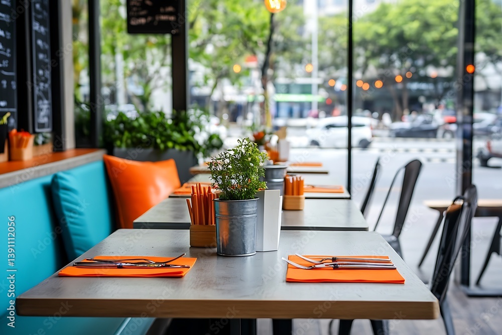 Fototapeta premium Modern cafe interior with tables and chairs