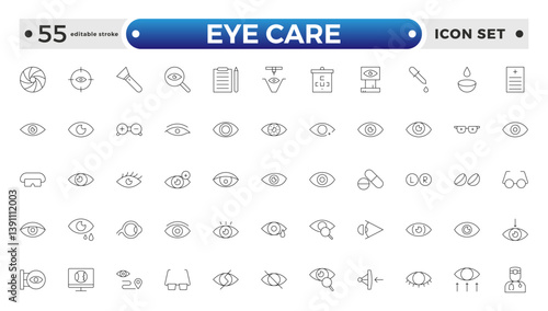 Essential Eye Care and Vision Health outline Icon Set. Optometry, Surgery, and Optical Tools. Editable stroke outline icon.
