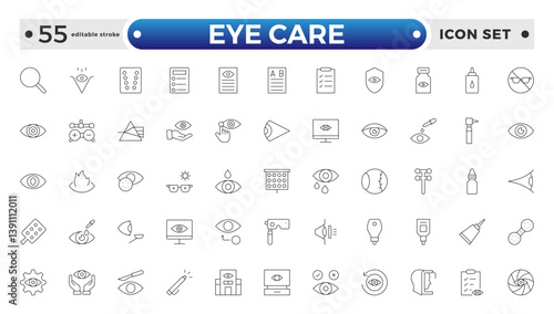 Essential Eye Care and Vision Health outline Icon Set. Optometry, Surgery, and Optical Tools. Editable stroke outline icon.

