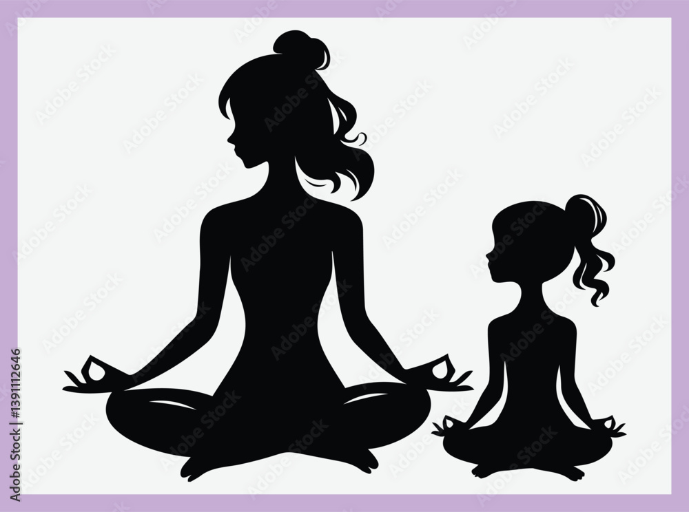 Happy Mother's Day Silhouette Mother and Daughter Meditating Black Vector Illustration Happy Mother's Day Silhouette Mother and Daughter Meditating Black Vector Illustration