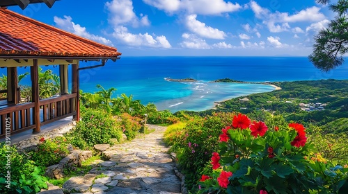 Wallpaper Mural 海を見下ろすトロピカルな庭と赤い花 Torontodigital.ca