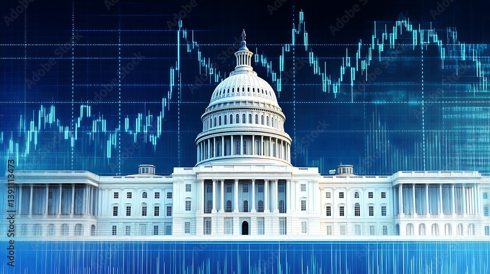 US Capitol building with stock market graph overlay.