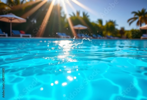 Sparkling blue pool water reflecting sunlight, summer vacation idyllic scene, shimmering, sunshine