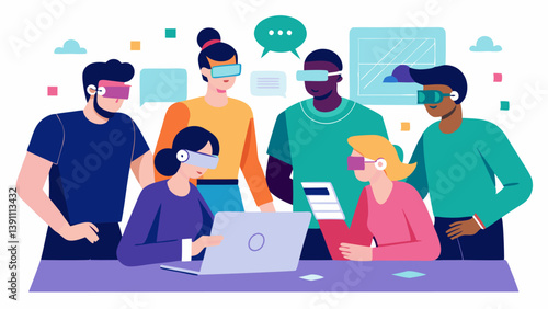 Collaborative Brainstorming A group of diverse designers gathers around a virtual table wearing VR headsets with holographic sketches of a virtual event layout floating in the air