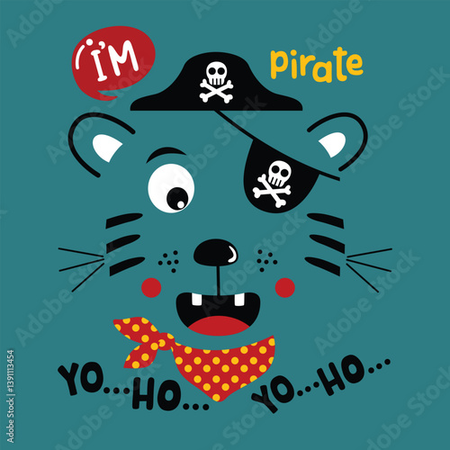 Cartoon animal face with pirate hat eyepatch and red bandana shouting yo ho on teal background in fun adventure theme. Kids pirate concept
