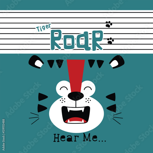 Obraz na płótnie Cartoon tiger face roaring with paw prints and bold roar text on striped teal background with hear me caption in expressive animal scene