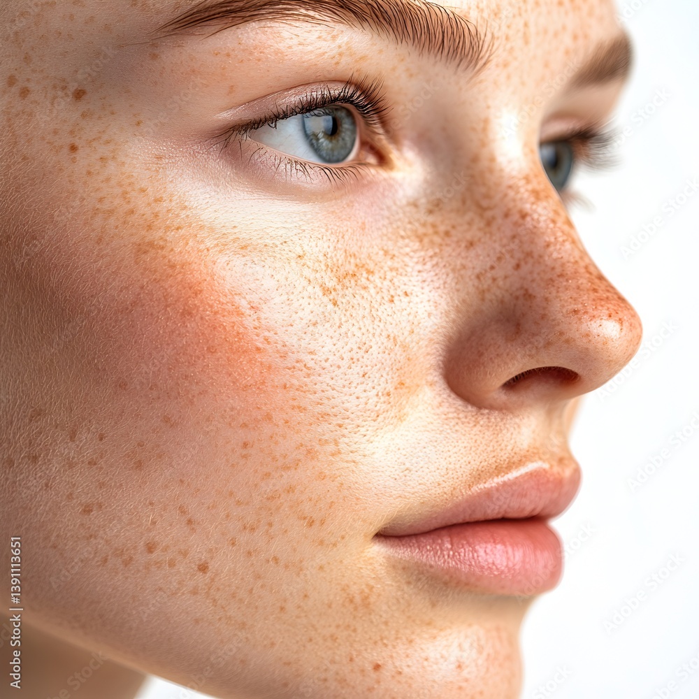 Naklejka premium Close-up profile portrait of a young woman with freckles and naturally beautiful skin showcasing healthy complexion and subtle makeup.