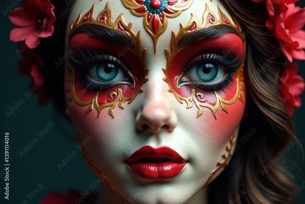 Symmetrical lines on a painted mask, intricate details , design, object Symmetrical lines on a painted mask, intricate details , design, object