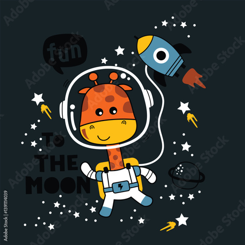 Cartoon giraffe in astronaut suit floating in outer space with rocket ship and to the moon text surrounded by stars and comets. Kids space adventure concept
