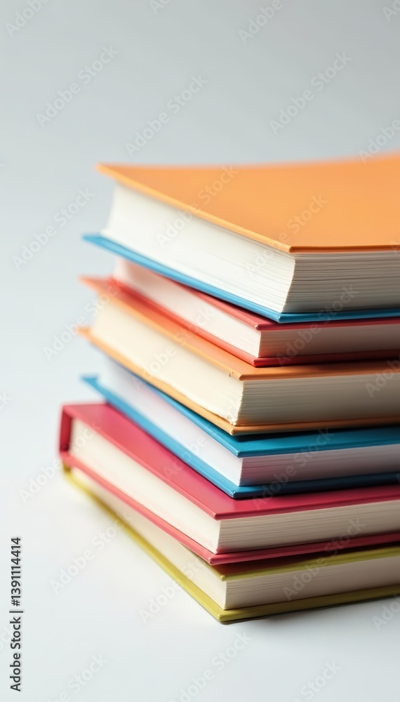 Stack of colorful writing materials and notebooks on white surface, multicolored, school Stack of colorful writing materials and notebooks on white surface, multicolored, school