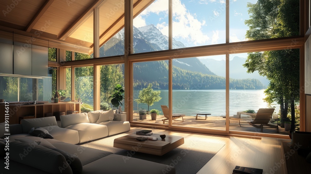 Fototapeta premium A modern living room overlooking a stunning mountain lake view