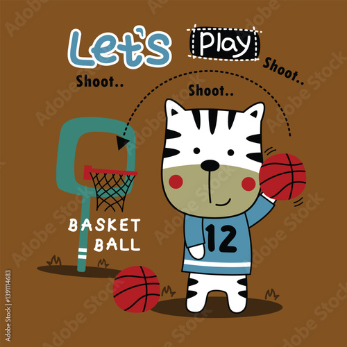 Cartoon tiger wearing number jersey holding basketball and shooting at hoop with playful let's play text in sports activity scene. Kids fitness concept
