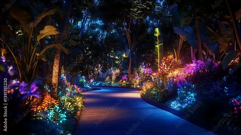 Obraz premium カラフルな光で照らされた夜の庭園の小道