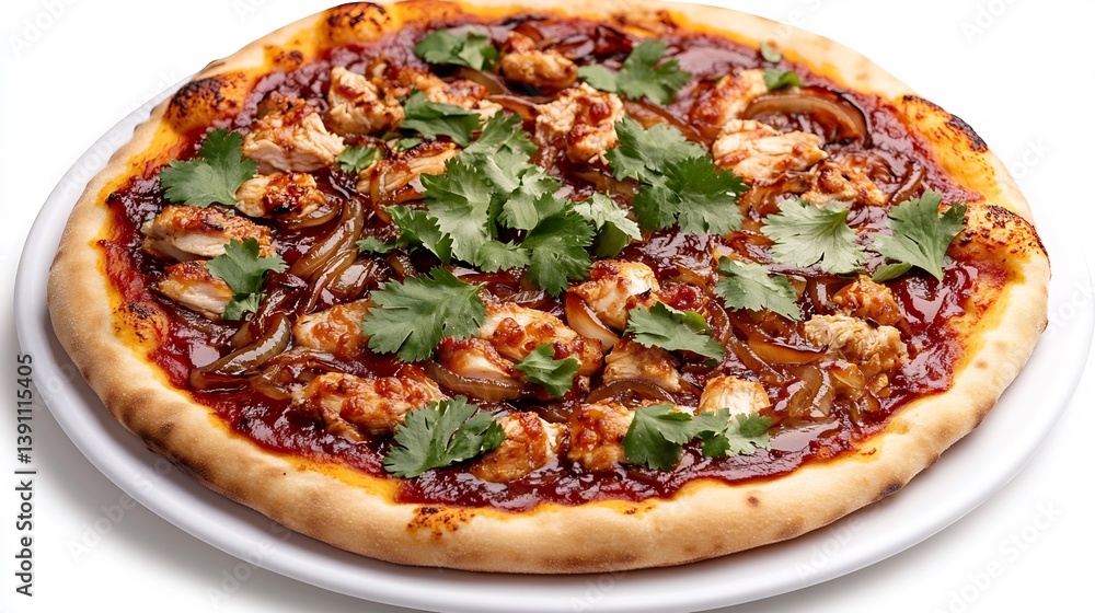 Bbq chicken pizza with tangy sauce caramelized onions and cilantro placed on a plain white plate Bbq chicken pizza with tangy sauce caramelized onions and cilantro placed on a plain white plate