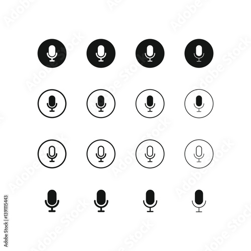 Microphone icon set. Different microphone collection. Podcast mike, journalist microphone, karaoke, conference. Microphone vector icon set. Microphones audio podcast vector icons.