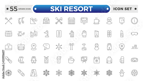 SKI Resort outline icon collection. Set skiing stylized and mountain. Editable stroke outline icon.
