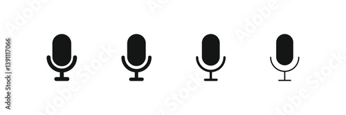 Microphone icon set. Different microphone collection. Podcast mike, journalist microphone, karaoke, conference. Microphone vector icon set. Microphones audio podcast vector icons.