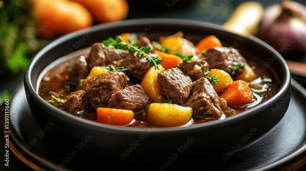 a bowl of beef stew with tender chunks of meat a bowl of beef stew with tender chunks of meat