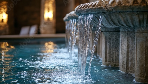 Wallpaper Mural Tranquil water feature cascading into a pool.  Soft light bathes the stone structure Torontodigital.ca