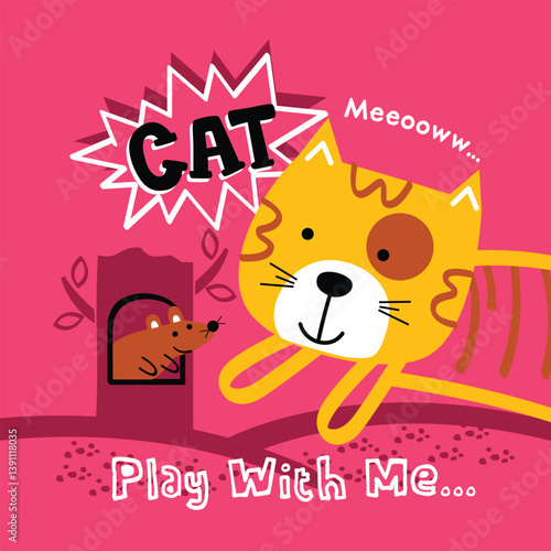 Cartoon orange cat reaching toward mouse hole with playful text on pink background and meow sound. Pet illustration concept
