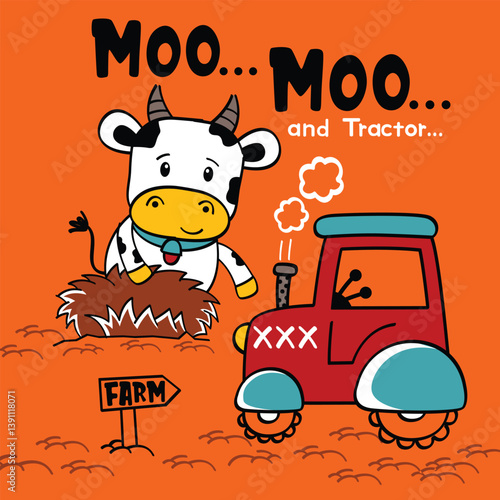Cartoon cow sitting in haystack beside red tractor with moo sound and farm sign on orange background. Farming illustration concept
