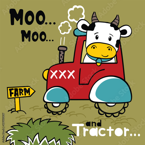 Cartoon cow driving red tractor near grass with moo sound text and farm sign in countryside setting. Agriculture illustration concept
