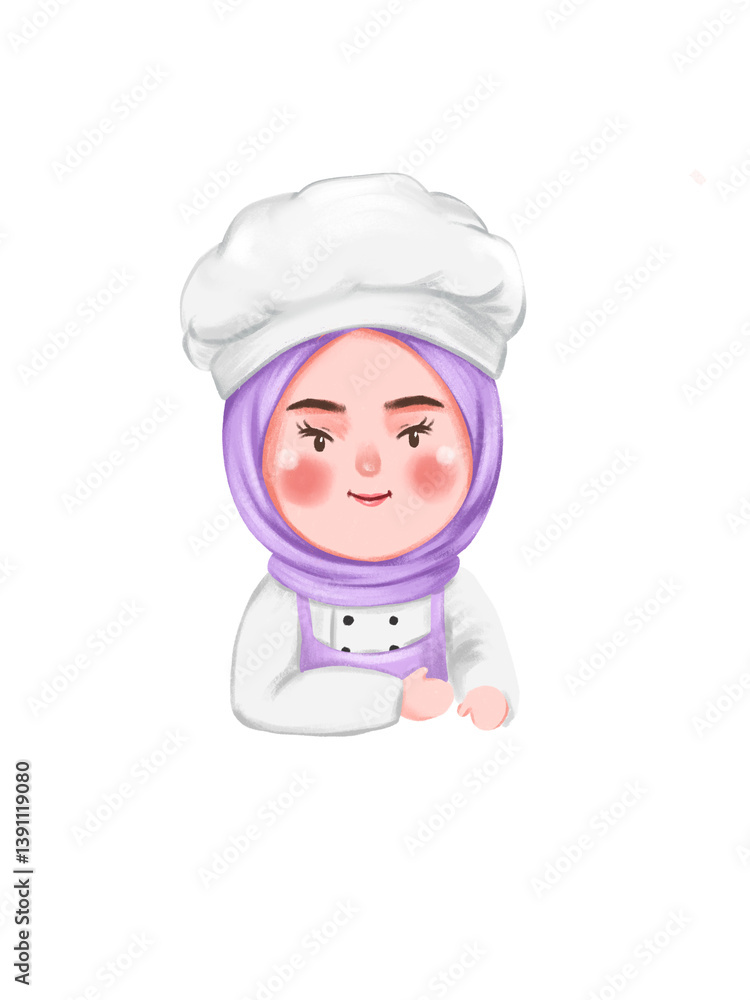 Smiling Female Chef in Lavender Hijab and White Toque Smiling Female Chef in Lavender Hijab and White Toque